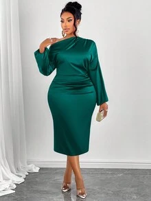 SOLERSUN Christmas Women's Fashion Solid Color Asymmetric Neckline Ruched Side Satin Bodycon Dress Maxi Women Outfit - Dark Green - View 1