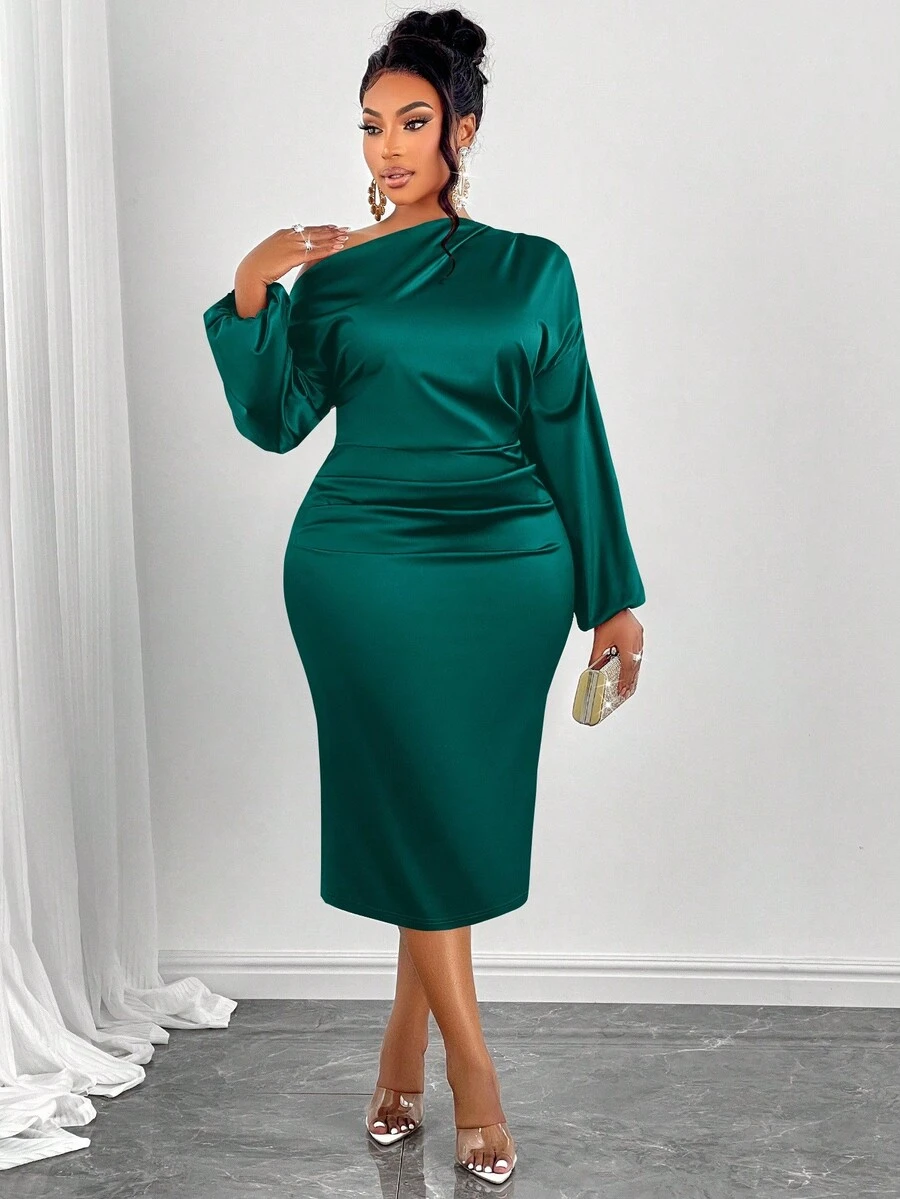 SOLERSUN Christmas Women's Fashion Solid Color Asymmetric Neckline Ruched Side Satin Bodycon Dress Maxi Women Outfit - Dark Green - View 1