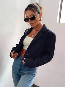 BizChic Damska marynarka z cienkim kołnierzykiem i otwartym przodem, podstawowy top na miejskie dojazdy, strój biznesowy na co dzień, strój do biura, elegancki na imprezę świąteczną, noworoczną - Granatowy - Zobacz 5