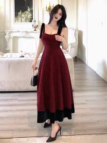 DAZY Women's Contrast Color Waist Tie Shoulder Elegant Dress Red Women Dresses Prom Dress Christmas Maxi Dress - Red - View 5