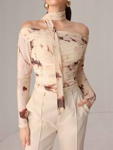 Modelyn Autumn Knitted Sexy Sheer Mesh Ribbon Print T-Shirt