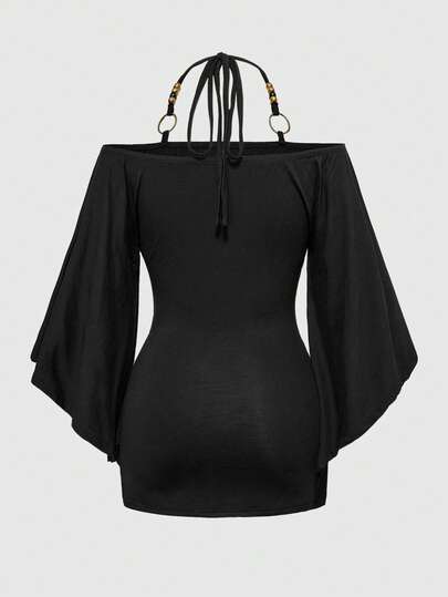 Grunge Punk T-shirt femme à manches chauve-souris avec décorations œillets vintage et épaules dénudées