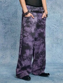 ROMWE MEN Grunge Punk Blugi bărbătești violet cu imprimeu tie-dye și buzunar, casual, la modă, cu picior larg - Violet - Vizualizare 6