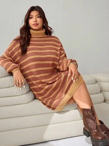 SHEIN EZwear 大码拼色条纹高领针织连衣裙，秋冬休闲装 - 彩色 - 查看 1