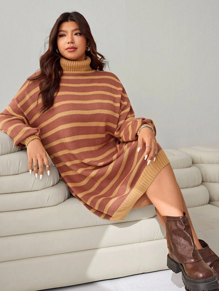 SHEIN EZwear 大码拼色条纹高领针织连衣裙,秋冬休闲装 - 彩色 - 查看 1