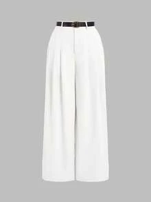 SHEIN MOD 大码女式复古阔腿裤配腰带，白色 - 白色 - 查看 1
