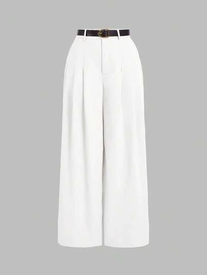 SHEIN MOD 大码女式复古阔腿裤配腰带，白色