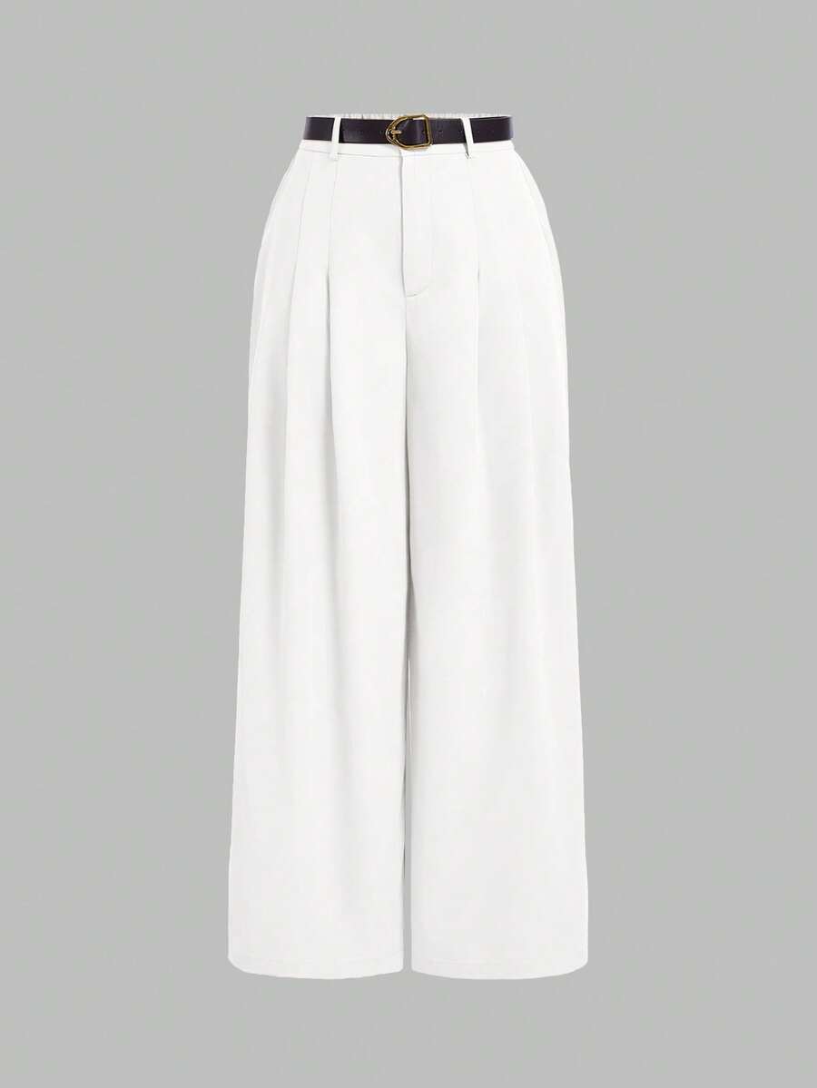 SHEIN MOD 大码女式复古阔腿裤配腰带，白色 - 白色 - 查看 1