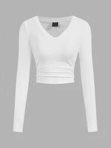 SHEIN EZwear Áo thun dài tay ôm sát cổ chữ V nhún eo nhiều màu sắc cho nữ, thường ngày & đa năng, mùa đông - Nhiều màu - Xem 3