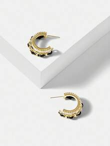 MOTF PREMIUM 2PCS BLACK DOUBLE LAYER CHAIN & ZIRCONIA STUD EARRINGS - Gold - View 7