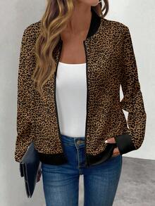 SHEIN LUNE 女士休闲豹纹拉链夹克，适合秋冬季 - 彩色 - 查看 3