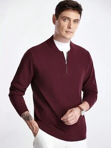 Manfinity CityGents 男士四分之一拉链针织毛衣，秋冬休闲长袖，适合工作通勤、户外活动、居家生活，送给男朋友/家人的礼物 - 紅色 - 查看 5