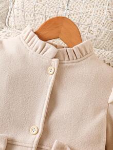 Elladie kids 女童秋冬甜美公主风淡桃色荷叶边领蝴蝶结装饰中长款大衣，韩版甜美风毛呢大衣，适合日常上学、家庭休闲、节日聚会（如生日派对、拜年），实用又时尚