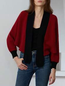 GENKIRA Elegant Contrast Color Casual Vintage Batwing Sleeve Cardigan - Red - View 3