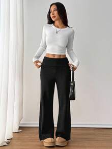 SHEIN PETITE Women's Casual Foldover Waist Knit Pants, Autumn/Winter,Fall,Fall Clothes For Women - Black - View 6