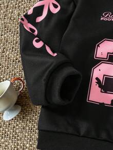 SHEIN Bộ đồ mặc nhà thường ngày mùa xuân/hè dễ thương cho bé gái từ 0-3 tuổi và bộ đồ mặc nhà dài tay cổ tròn in số + quần legging bó có gân - màu đen - Xem 6