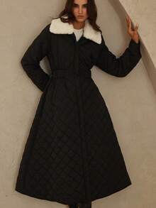 GENKIRA 女式休闲拼布仿毛领绗缝加厚外套，秋冬 - 黑與白 - 查看 7