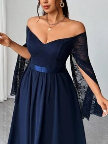 Elenzga 大码女式优雅、浪漫、性感、奢华派对、婚礼宾客长袖、收腰、飘逸雪纺长裙，春秋季 - 藏蓝色 - 查看 6