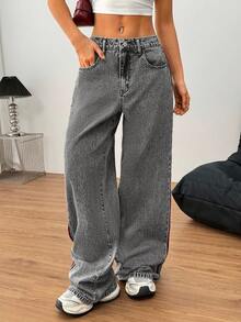 SHEIN Tall 女士牛仔裤 休闲直筒裤 蓝色高腰女士牛仔裤 女士牛仔裤 宽松牛仔裤 低腰牛仔裤 宽松牛仔裤 女士宽松裤 女士夏季服装 女士春季服装 - 灰色 - 查看 2