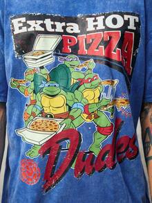 ROMWE MEN TEENAGE MUTANT NINJA TURTLES X ROMWE 男士休闲时尚街头卡通乌龟、披萨和字母印花水洗落肩宽松破洞流苏下摆 T 恤，夏季 - 藍色 - 查看 2