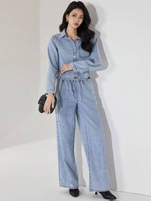 Heiryn Bộ quần jeans và áo sơ mi denim cài nút màu xanh nhạt giản dị mùa hè dành cho nữ - Màu xanh lam - Xem 6