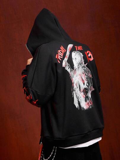 Friday the 13th X ROMWE Street Life بلوزة رياضية مزودة بسحاب للرجال، بطبعات شعارات وأشكال جرافيكية عصرية، مناسبة للشارع والموضة الكاجوال، للخريف والشتاء