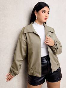 Lacomfia Women's Khaki Utility Jacket With Embroidery, Vintage Loose Fit Zip-Up Outerwear For Autumn - Khaki - View 7