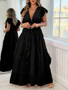 Vionelle Plus Size Elegant Solid Color Ruffle V-Neck Spring/Summer Pleated Dress - Black - View 6