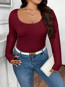 Elenzga T-shirt décontracté ajusté à manches longues et col rond, couleur unie, grande taille pour femmes - Rouge foncé - Voir 7