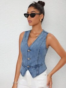 Selenza Chaleco de mezclilla informal de un solo pecho para mujer de verano - Azul lavado medio - Ver 3