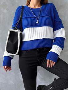 EURMUSE Của phụ nữ Khối màu Tay áo dài Áo len - Xanh đậm - Xem 3