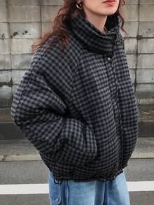 FRIFUL Women's Plaid Stand Collar Loose Casual Versatile Padded Coat, Autumn/Winter Jacket