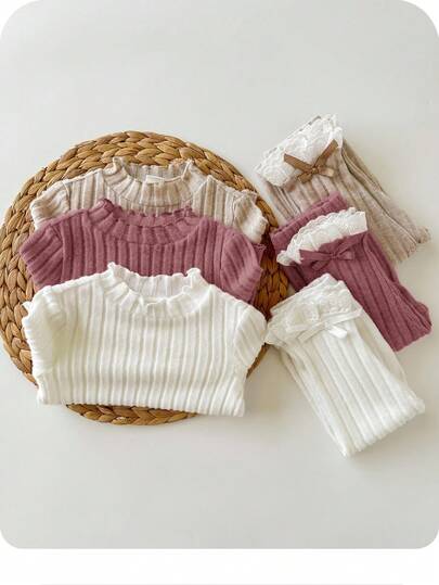6pcs/Set Babygirl Casual Solid Color Knit Long Sleeve Top And Pants Outfit, Autumn/Winter