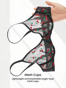 LUVLETTE Christmas & New Years Cherry Floral Sexy Lingerie Unlined Plunge Sheer Black Mesh Minimizer Bra - Black - View 5