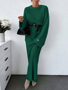 SHEIN Bộ áo len và chân váy len dáng rộng màu trơn dành cho nữ - Màu xanh lá cây đậm - Xem 7