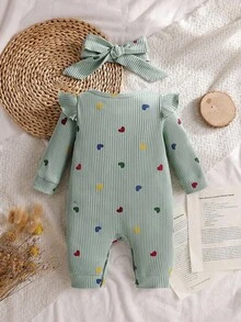 SHEIN 情人节新生儿爱心印花连体衣，舒适针织休闲连体衣，带发带 - 綠色 - 查看 2