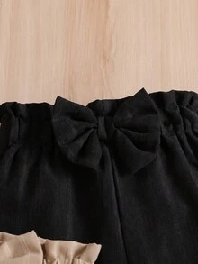 SHEIN 3件組女嬰甜美校園風純色3D蝴蝶結褲裝套裝，適合購物、拍照以及休閒日常穿著，無論參加家庭活動 - 彩色 - 查看 4