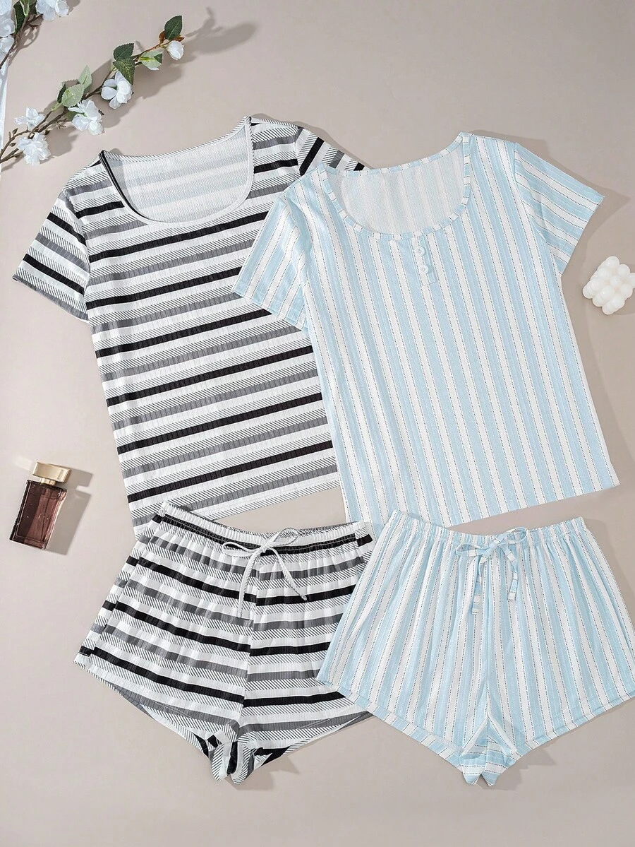 Snug Zone 2件套休闲条纹印花家居服套装 - 彩色 - 查看 1