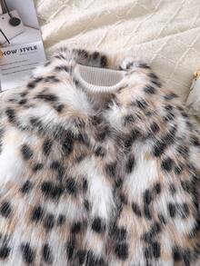 Elladie kids Young Girl Faux Fur Leopard Print Lapel Long Sleeve Loose Coat Fall Winter - Beige - View 4