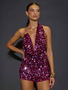 SHEIN BAE Women's Fashionable Party Gradient Sequin Shorts, Sequin Romper,Luxe Shorts, Party Shorts, Sparkly Sequin Shorts, Fall Women's Wear, Winter Women's Wear, Cocktail Wear,Burgundy Sequin Shorts