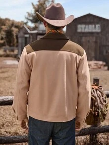 Manfinity Nomadique Men's Contrast Color Zipper Collar Casual Jacket Men Brown Jacket Men Zip-Up Jacket Men Brown And Tan Jacket Western Jacket , Fall Winter - Khaki - View 2