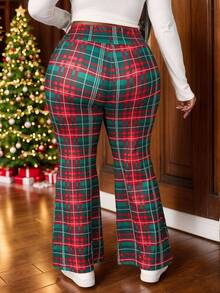 SHEIN PETITE CURVE Leggings acampanados de talle alto con diseño cruzado a cuadros rojos y verdes para mujer de talla grande