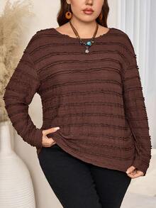 EMERY ROSE Plus Size Women Winter Fall Contry Casual Vacation Round Neck Long Sleeve Top, Autumn/Winter, Brown Long Sleeve Top,Long Sleeve T-Shirt ,Going Out Outfits,2025 New Clothes ,Fall Top,Simple And Fashionable For Everyday Wear,Brown Top ,T-Shirt,Christmas Outfit For Women ,New Year Clothes