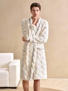 Men's Contrast Stitching Belted Robe, Autumn/Winter, For Fall, Fluffy Fleece Robe, Cozy - White - View 6