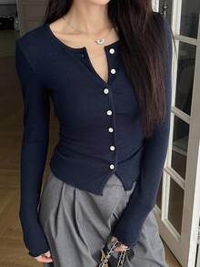 DAZY Áo khoác cardigan dáng ôm cổ tròn họa tiết gân đơn giản tay dài cho nữ, quần áo mùa thu cho nữ - Màu xanh hải quân - Xem 4