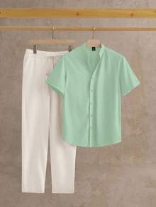 Manfinity VCAY 2件套男士休闲格子衬衫套装男士休闲套装男士两件套男士度假套装裤子和衬衫套装男士睡衣套装 - 彩色 - 查看 5