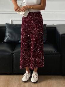 Strévra 亮片装饰优雅侧开衩半身裙，适合女士圣诞节、新年嘉年华穿着 - 酒紅色 - 查看 3