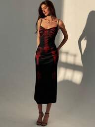 Aloruh Women's Plunging Neckline Skeleton Print Fitted Midi Slip Dress