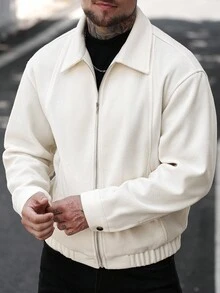 Manfinity CasualCool 男士纯色长袖拉链领口袋休闲夹克，秋冬男士拉链夹克，白色男士夹克，米色男士夹克，短款男士夹克，男士毛衣夹克 - 淡紫色 - 查看 3