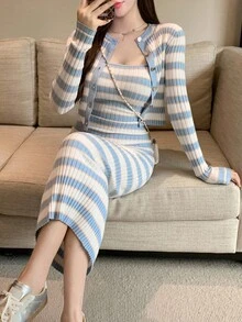 DAZY 2pcs Set Women Contrast Color Block Striped Cardigan With Dress Sweater Outfit Fall - Blue - View 11